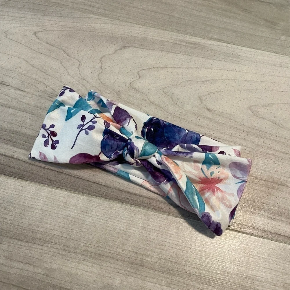 White With Blue and Purple Floral Print Baby Headband With Bow
